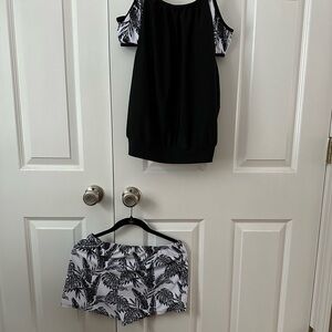Bathing Suit. Two piece bathing suit. Black and white floral design.